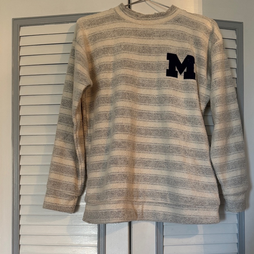 Women's Cream and Gray Striped University of Michigan Wolverines Sweatshirt